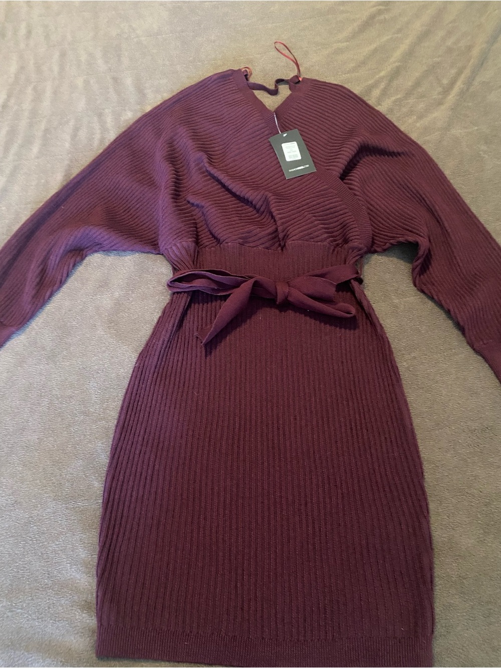 Fashion Nova Ribbed Belted Sweater Dress - Wine Burgundy